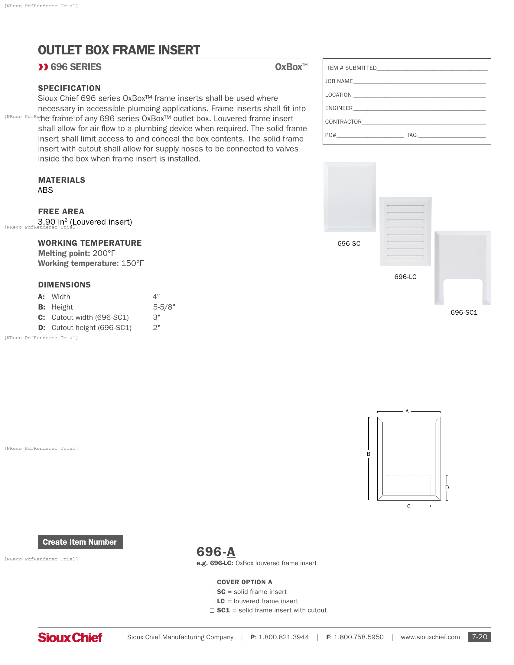 696 SERIES - OXBOX FRAME INSERT - SPEC SHEET.PDF Specification Document